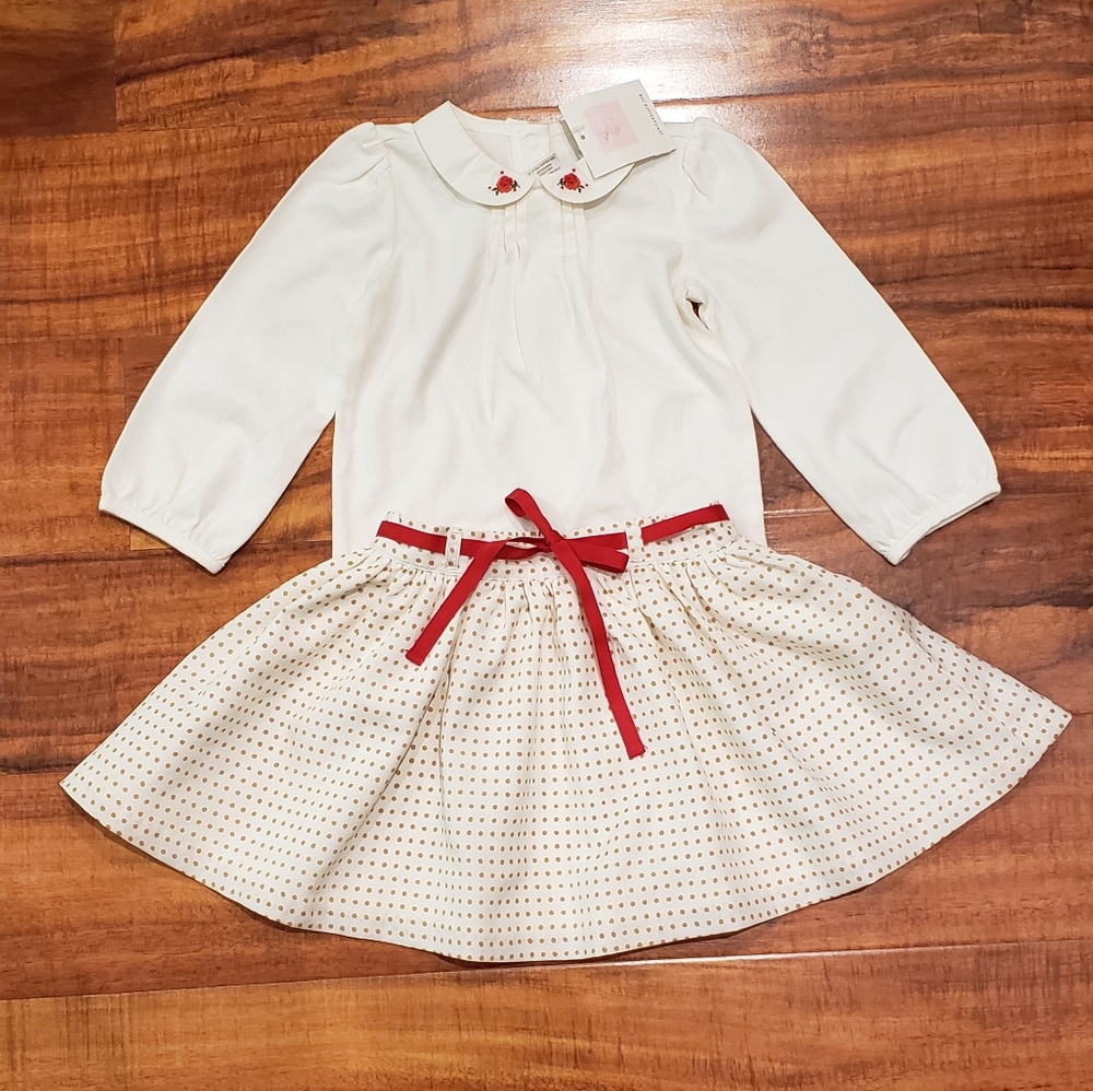 Janie & Jack NWT/EUC 12-18 months ivory collared top, polka dot chiffon skirt